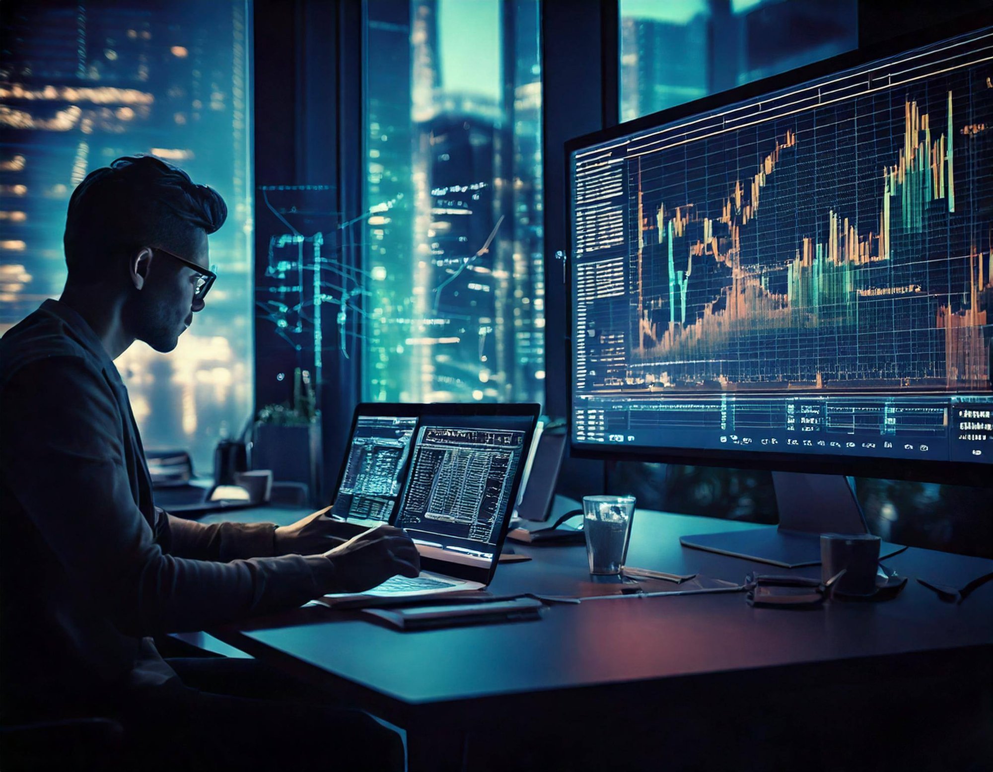 Create an image representing automated investment services, featuring an investment platform with trading algorithms, AI portfolio management, and users accessing it on devices.