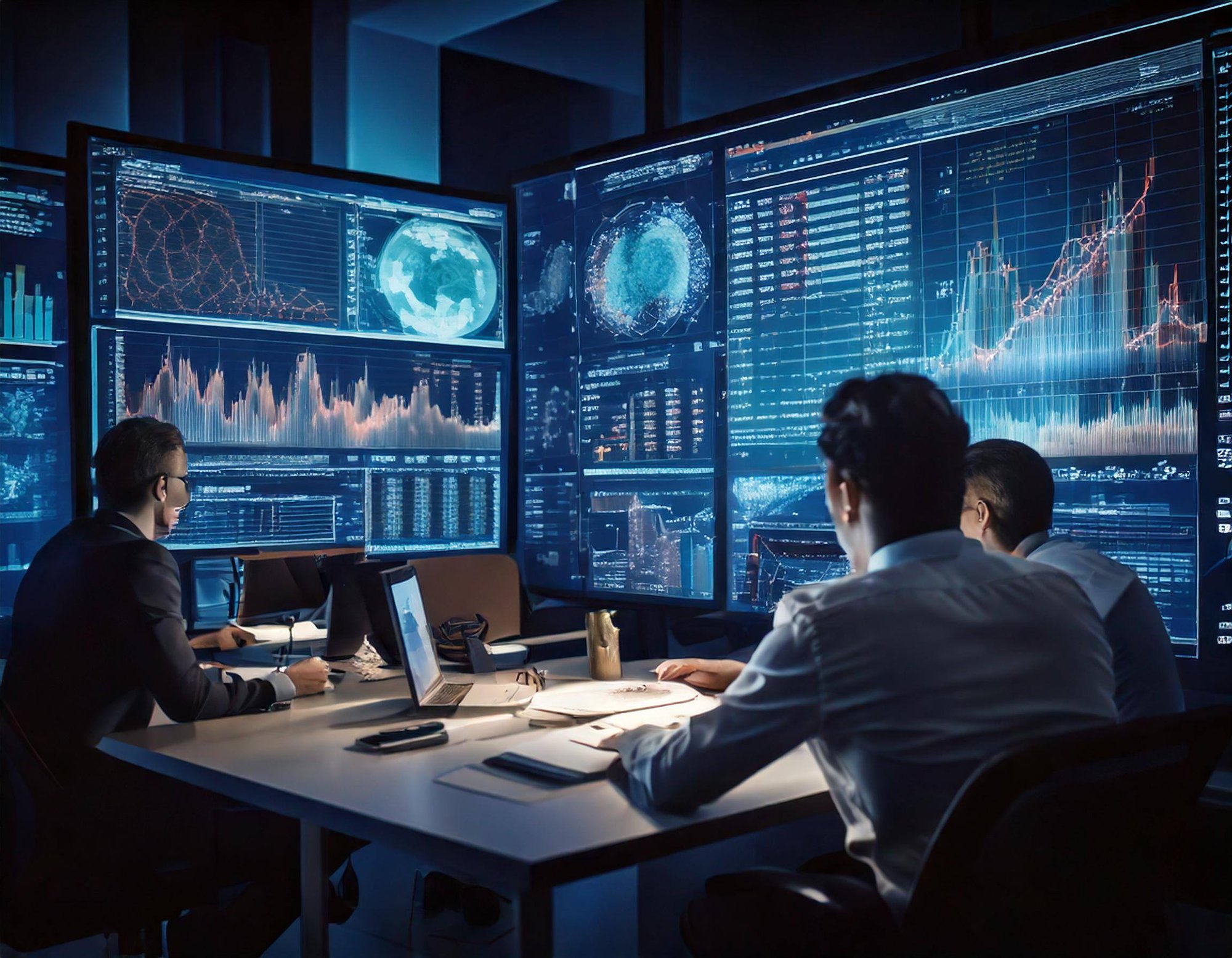 Dynamic risk assessment in finance, featuring analytics dashboards, predictive modeling tools, and teams collaborating on risk mitigation strategies enhanced by AI.