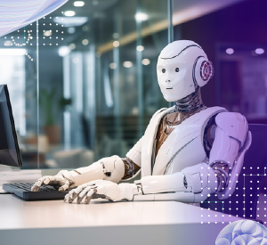 Robot typing at a desk represents AI-enhanced decision management overcoming business challenges and streamlining workflows