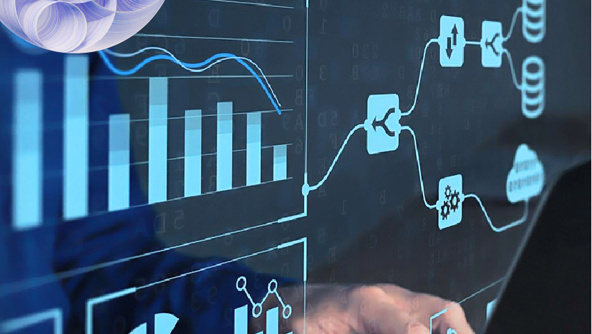 Person typing on a laptop with superimposed glowing blue data charts and flow diagrams, representing Enterprise AI solutions