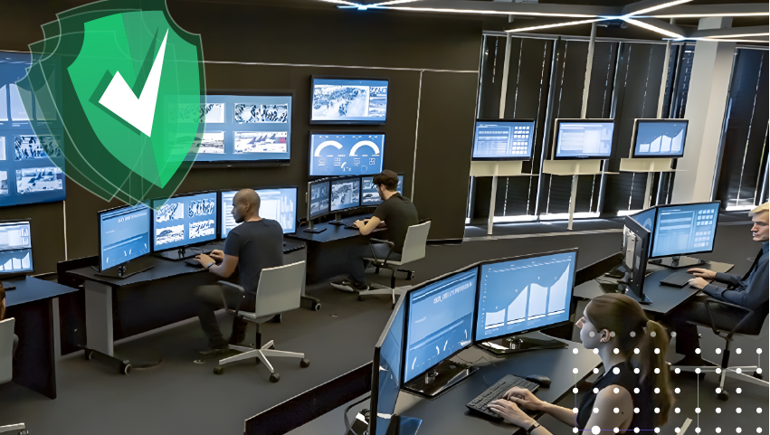 Security operations center with analysts, large screens showing data and footage, and a green shield with a checkmark symbolizing AI-driven security