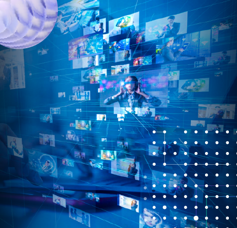 A person wearing VR glasses amidst interconnected images, symbolizing digital transformation in media and entertainment through generative AI and real-time analytics.