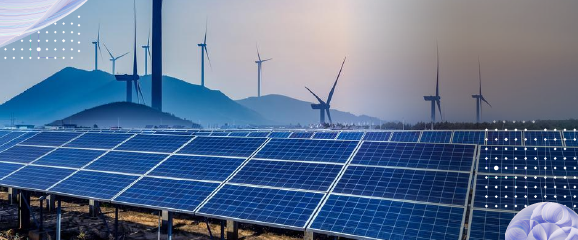 Solar panels and wind turbines signify decision intelligence optimizing grid management and resource allocation strategies