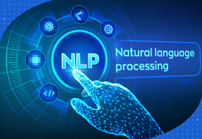 Digital hand pressing an NLP button illustrates natural language processing insights enhancing decision-making efficacy